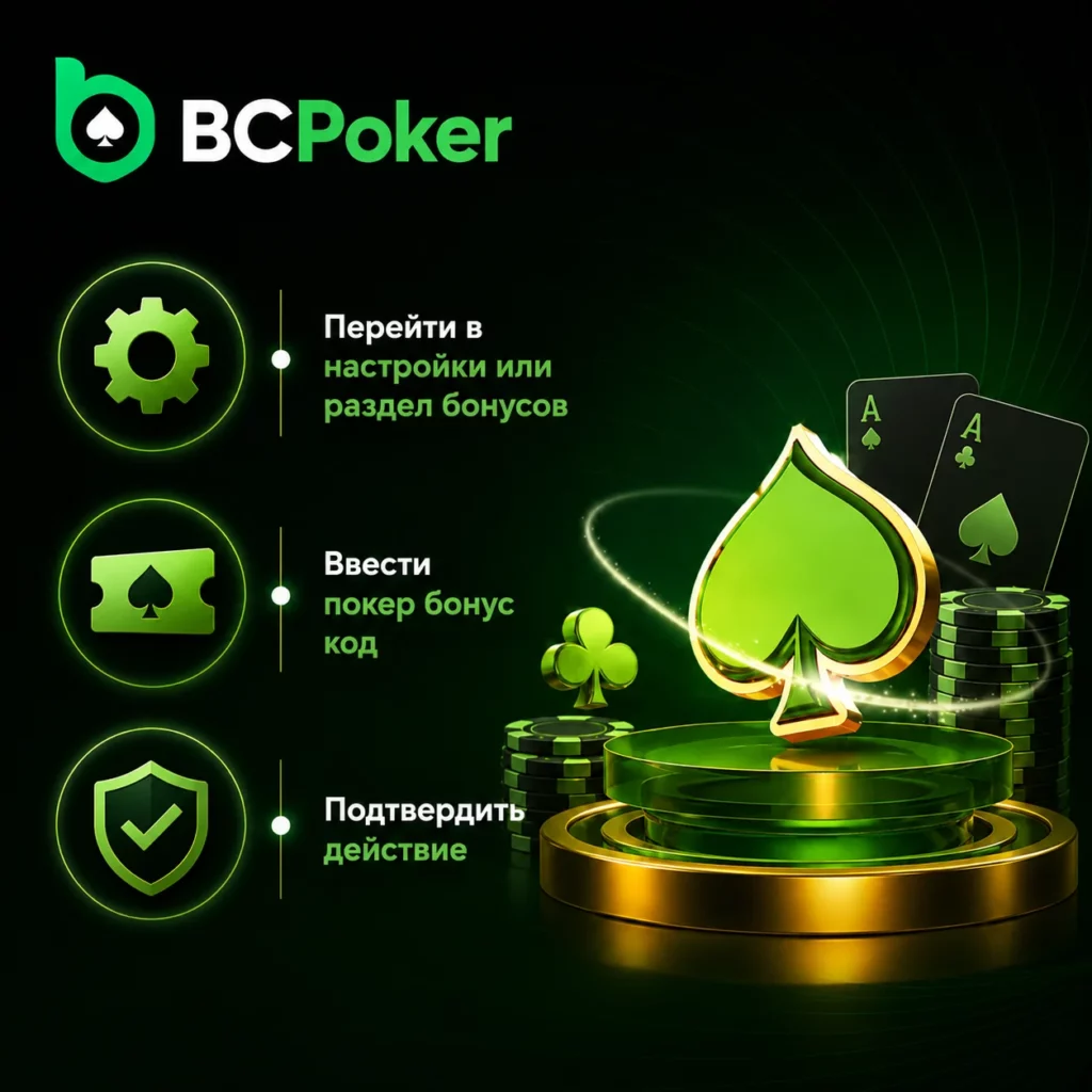 Баннер BC Poker с шагами активации покер бонус кода: переход в настройки или раздел бонусов, ввод бонус кода и подтверждение действия в интерфейсе приложения
