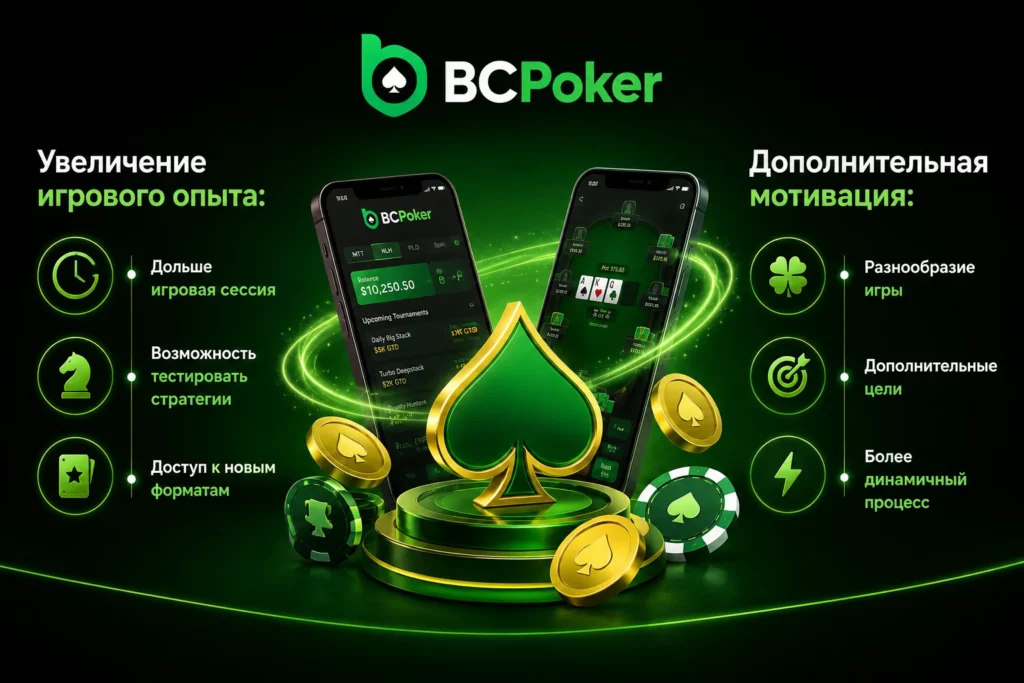 Баннер BC Poker с преимуществами игрового опыта и дополнительной мотивации: более длительная игровая сессия, тестирование стратегий, доступ к новым форматам, разнообразие игры, дополнительные цели и динамичный игровой процесс.