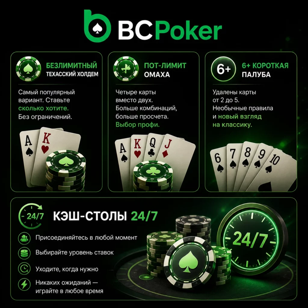 Инфографика игровых режимов BC Poker с безлимитным холдемом, пот-лимит Омахой, короткой колодой 6+ и кэш-столами 24/7